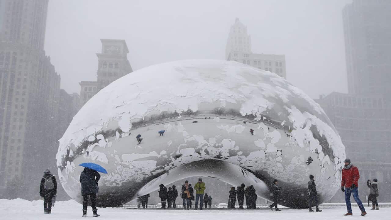 The Bean during a heavy snowfall in Chicago