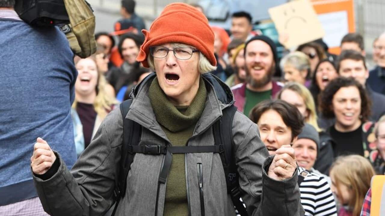Climate change protesters outside State Parliament, Melbourne.