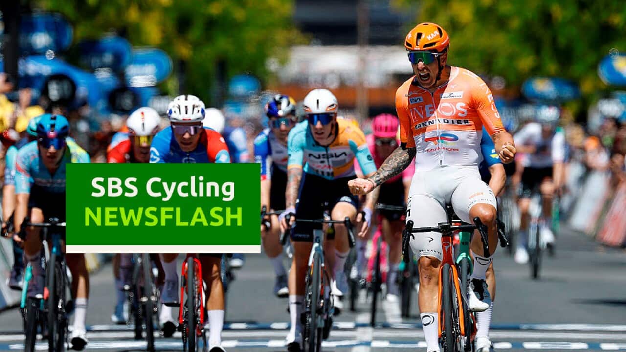 NAIRNE, AUSTRALIA - JANUARY 23: Sam Welsford of Australia and Team INEOS Grenadiers (R) celebrates at finish line as stage winner during the 26th Santos Tour Down Under 2026, Stage 3 a 140.8km stage from Henley Beach to Nairne / #UCIWT / on January 23, 2026 in Nairne, Australia. (Photo by Con Chronis/Getty Images)