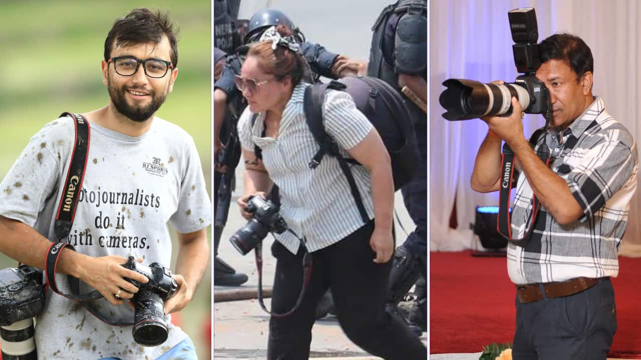 (L-R) Nepali photojournalists Skanda Gautam, Barsha Shah and Umesh Basnet.