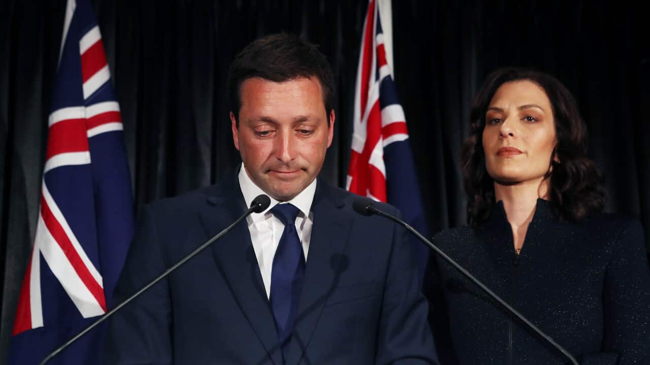 Leader of the Victorian Liberal party Matthew Guy and wife Renae announce defeat in the Victorian state election.