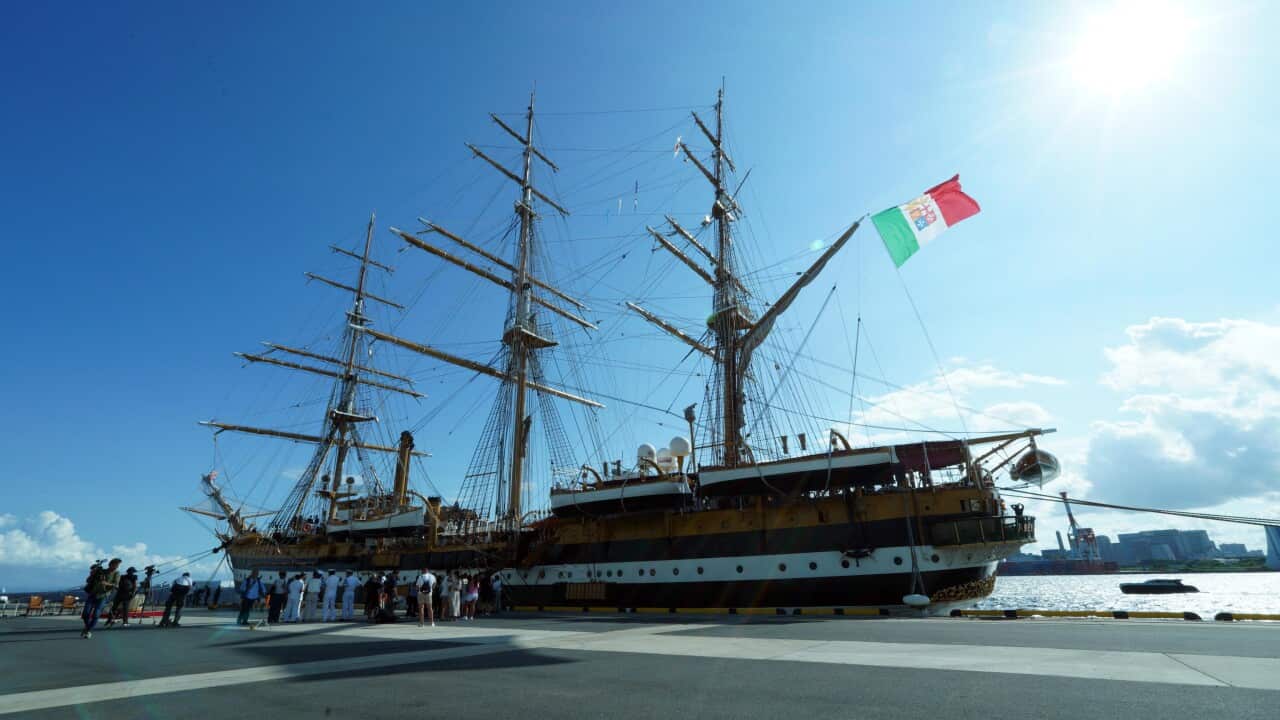 Italian Navy sailing ship 'Amerigo Vespucci' arrives at Tokyo port as part of world tour