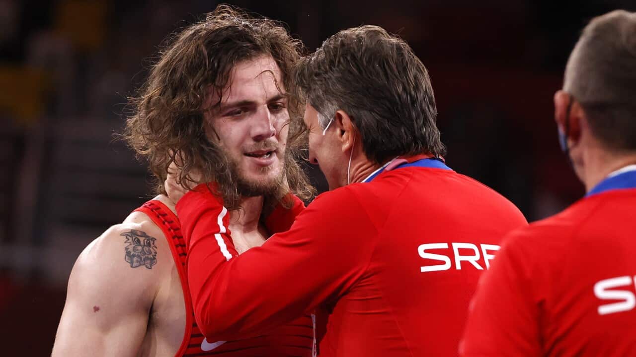 Zurab Datunashvili of Serbia with his after defeating Ivan Hukl of Croatia Bronze Medal Match at the Wrestling events of the Tokyo 2020 Olympic Games at the Makuhari Messe convention centre in Chiba, Japan, 04 August 2021. EPA/RITCHIE B. TONGO