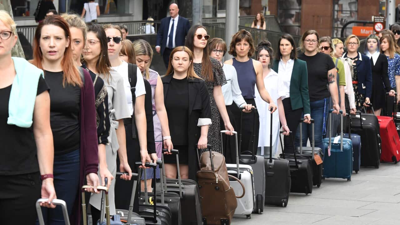 Those in favour of the bill organised for 29 women to wheel luggage across Sydney to symbolise the 29 women each week who travel interstate to access abortion.