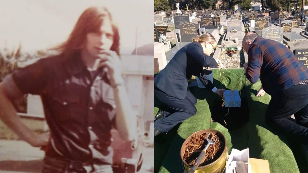 a side by side image of a vintage photo on the left of a young man with long hair. right: a man and a woman burying a box in a grave within a cemetery