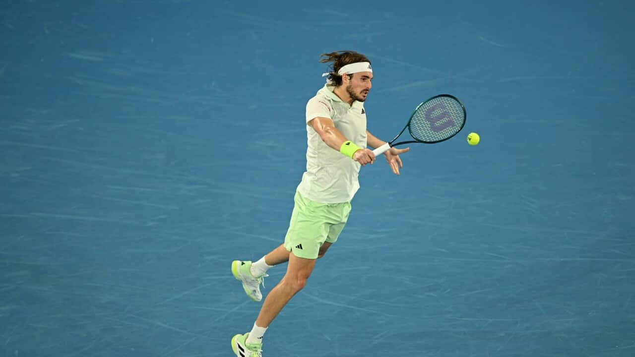 Stefanos Tsitsipas of Greece in action during his round 2 match against Jordan Thompson of Australia on Day 4 of the 2024 Australian Open at Melbourne Park in Melbourne, Wednesday, January 17, 2024. (AAP Image/Lukas Coch)