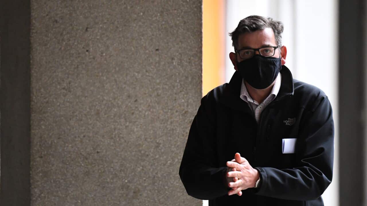 Victorian Premier Daniel Andrews departs a press conference in Melbourne, Sunday, October 18, 2020. Victoria has recorded two new cases of coronavirus and zero deaths in the past 24 hours. (AAP Image/James Ross) NO ARCHIVING