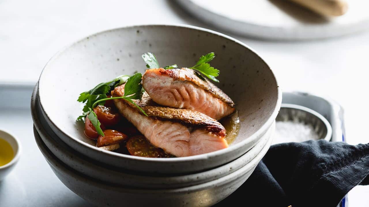 Crisp skin salmon with sauce vierge