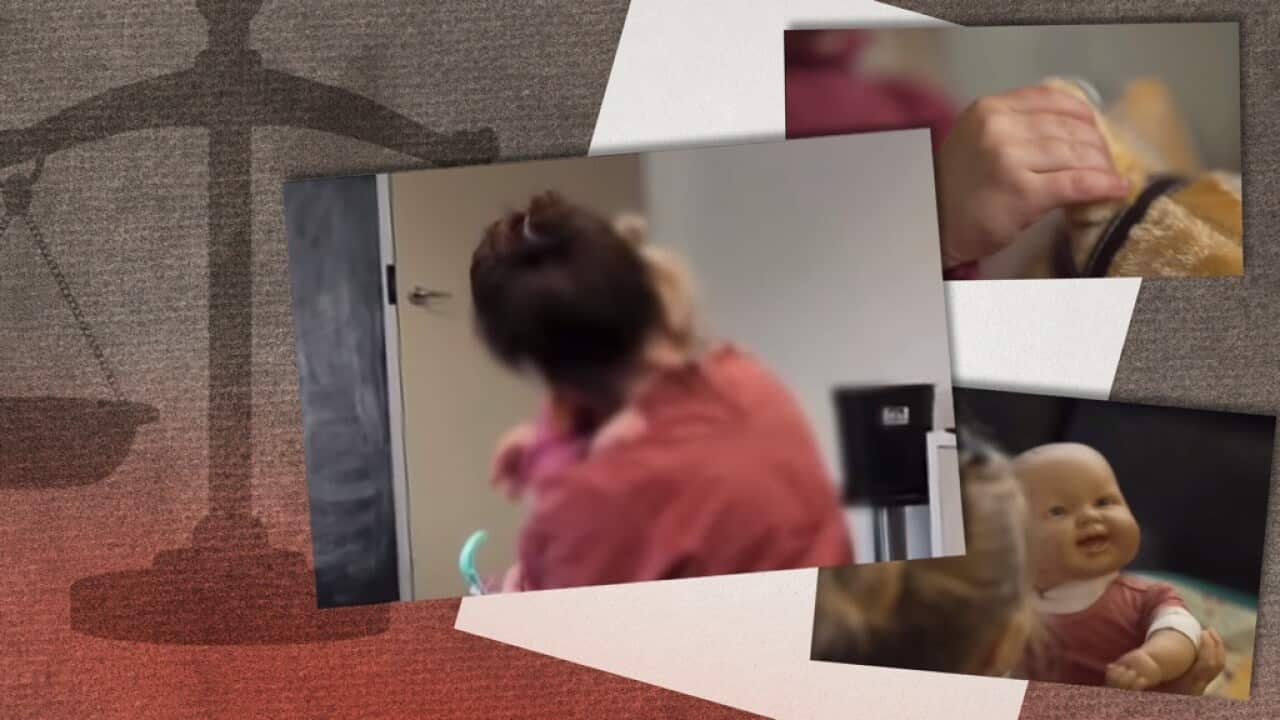 several images of a woman and a young girl, whose faces cannot be seen