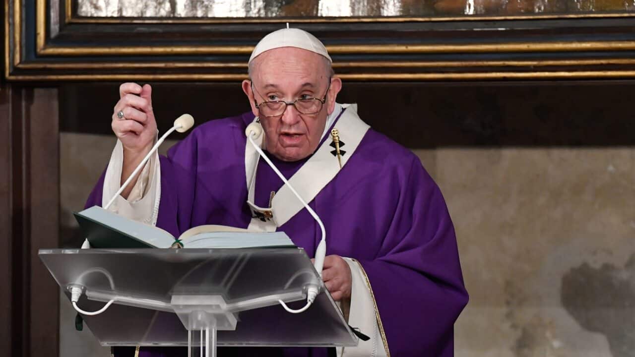 NO FRANCE - NO SWITZERLAND: Nov 2,2020 : Pope Francis celebrates the Holy Mass in the Church of the Pontifical Teutonic College.