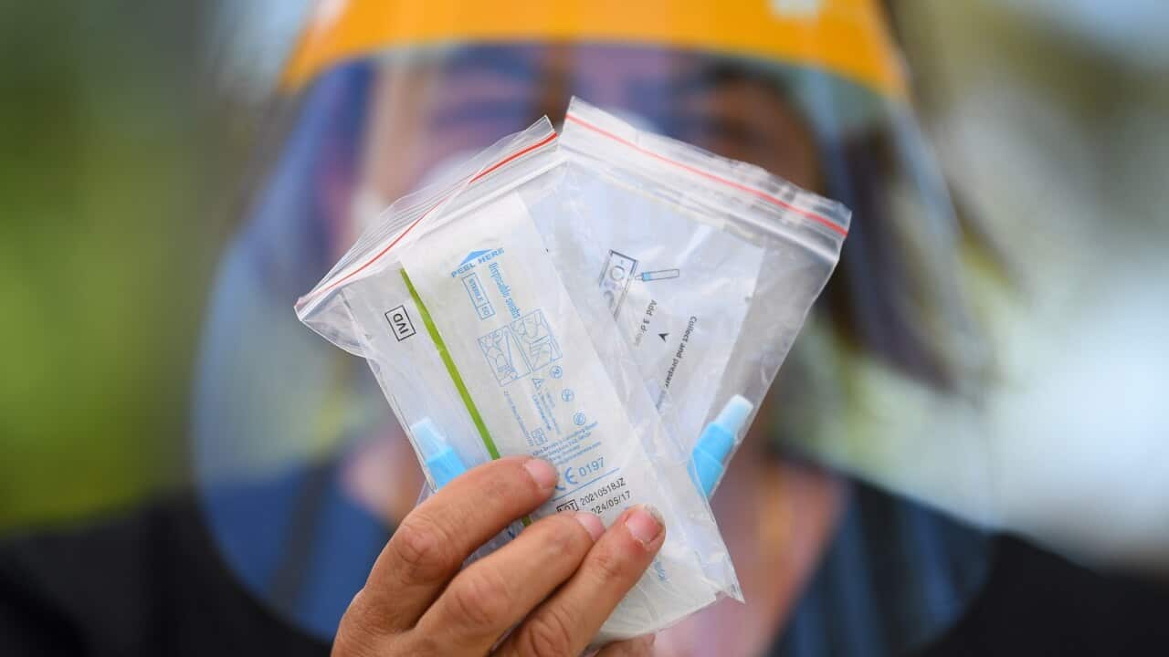Maria Scafi, the site lead at the Rapid Antigen Test Kit Distribution centre poses for a photograph with a Rapid Antigen Test Kit at the Sunshine West Community Centre in Melbourne, Thursday, January 20, 2022. (AAP Image/James Ross) NO ARCHIVING