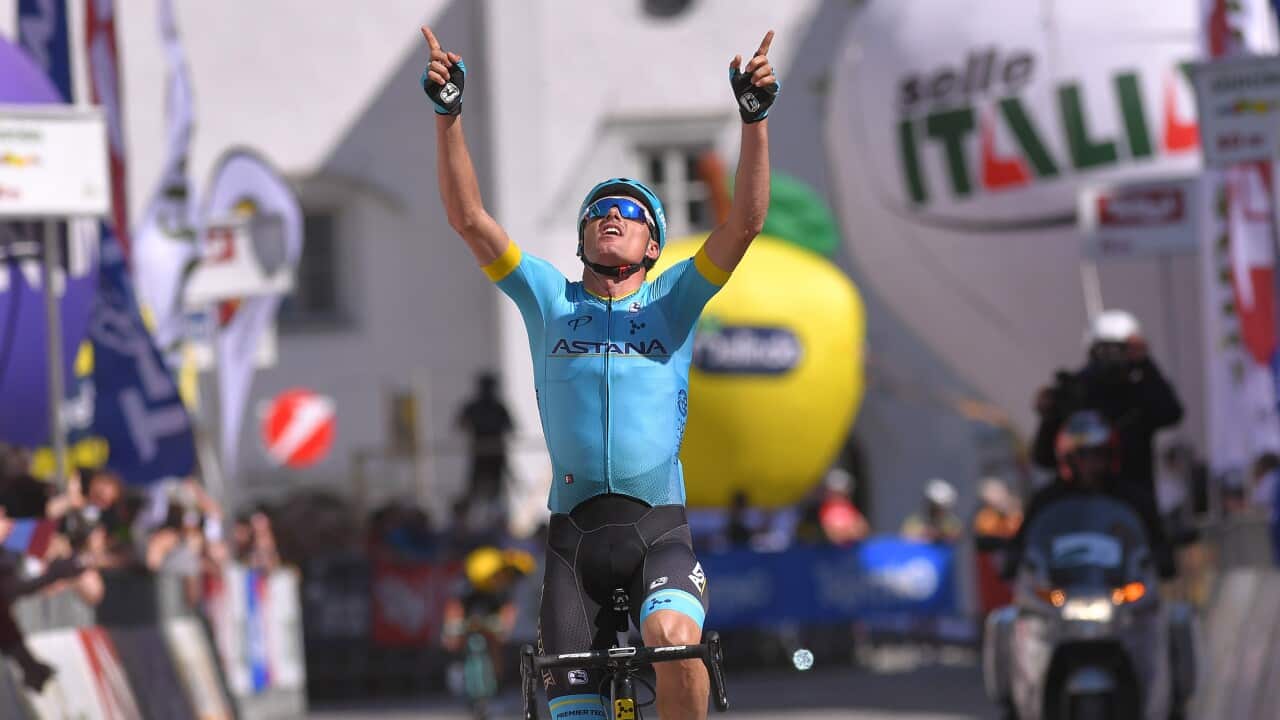 Luis Leon Sanchez (Astana) celebrates his stage 4 victory of the 2018 Tour of the Alps, in Lienz Austria. (Getty)