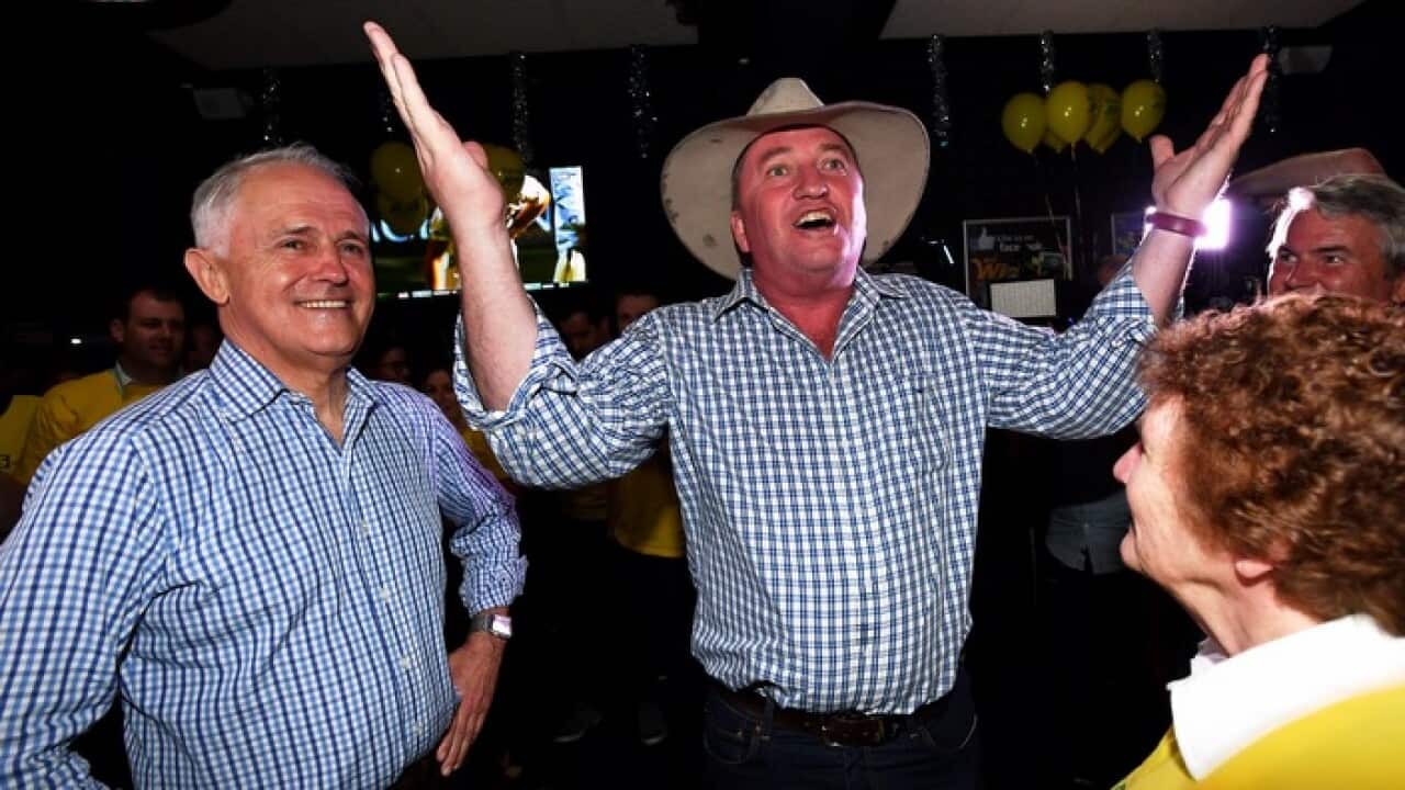 Barnaby Joyce and Prime Minister Malcolm Turnbull celebrate