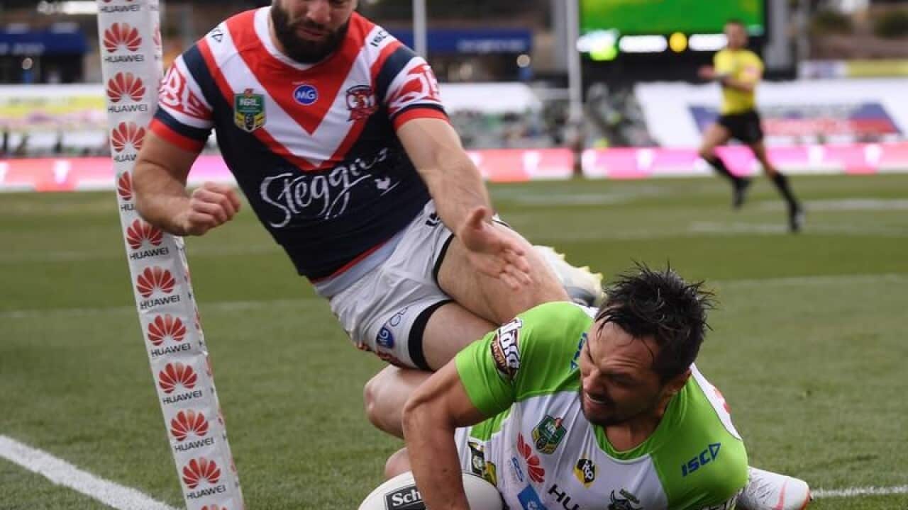 Jordan Rapana of the Raiders scores a try