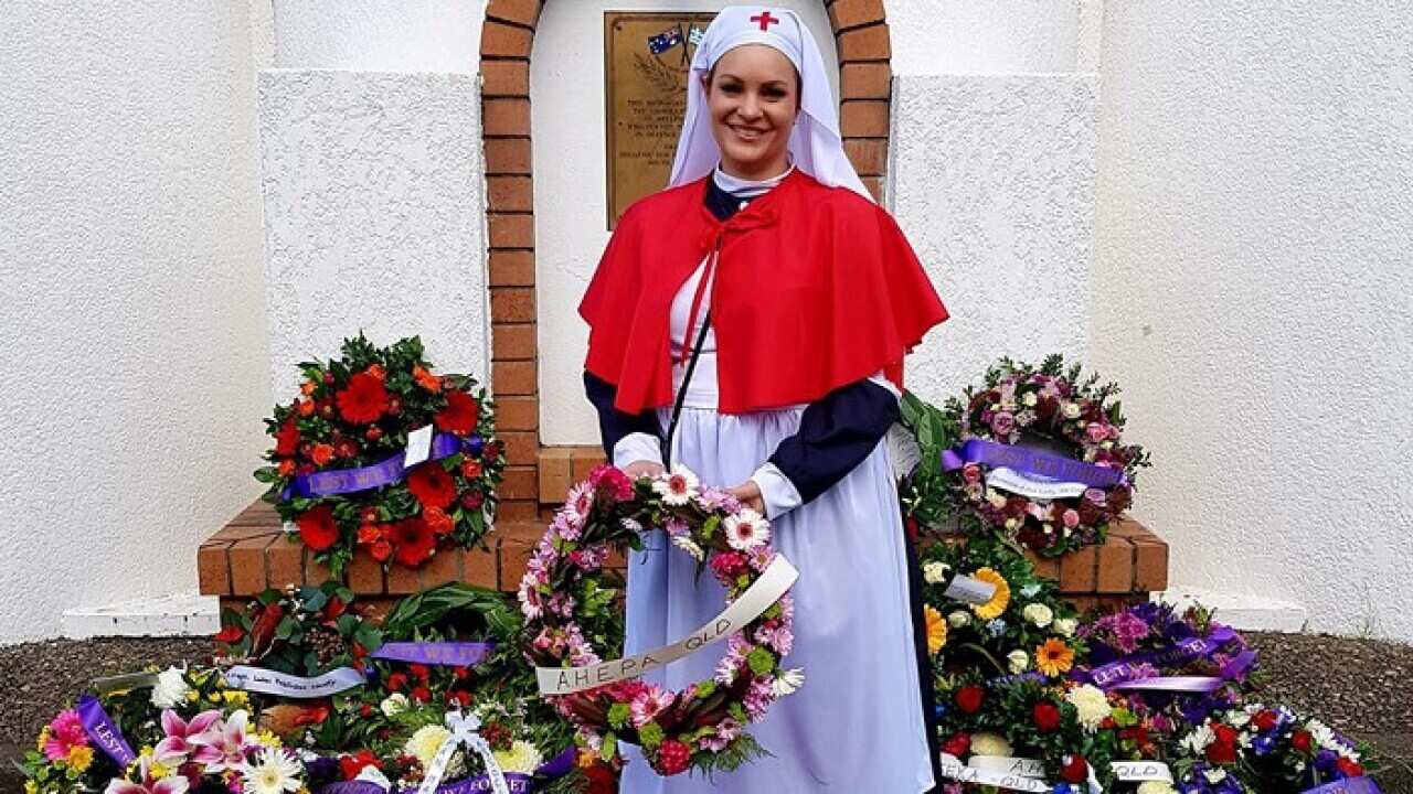 Greek Australian nurse from Brisbane, Helen Zahos, march today representing those ANZAC nurses that volunteered to go to war, and landed on Lemnos Island.