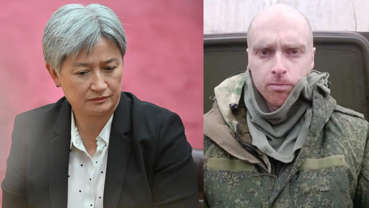 Split image of a woman in a suit on the left and a man in army greens on the right
