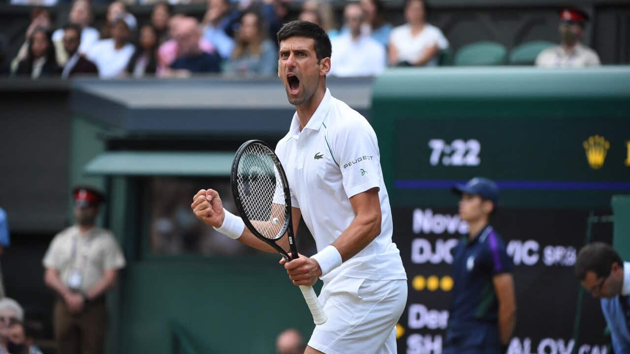 Novak Djokovic (SRB) plays his semi final match at the 2021 Wimbledon Championships at the AELTC in London, UK on July 9, 2021. Photo by Corinne Dubreuil/ABACAPRESS.COM.