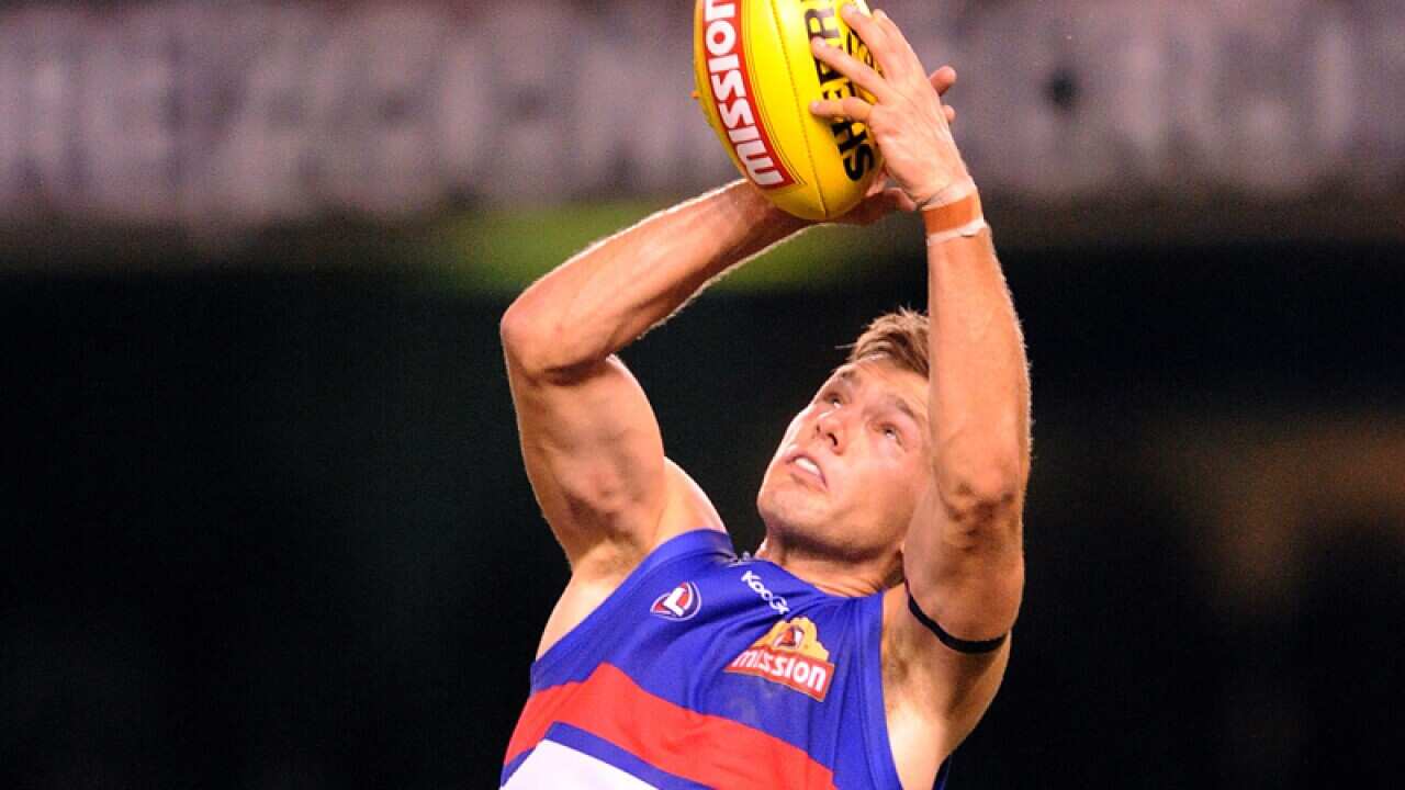 Western Bulldogs player Shaun Higgins takes a mark