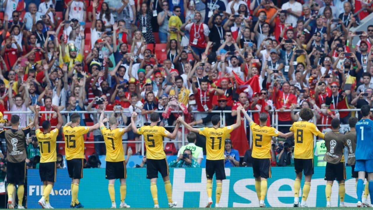 Belgium's team players celebrate as they won the group G match between Belgium and Tunisia at the 2018 soccer World Cup in the Spartak Stadium