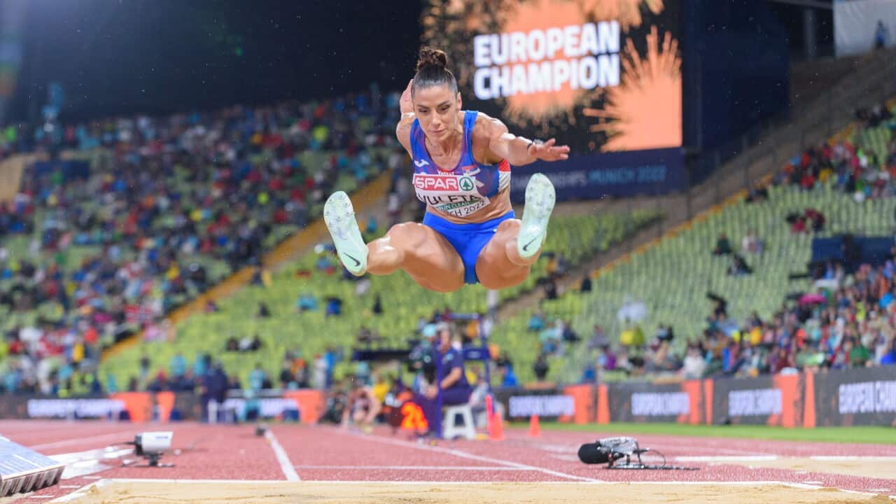 Serbia's Ivana Vuleta performs at the European Championships Munich 2022. Vuleta has won the gold medal in the long jump