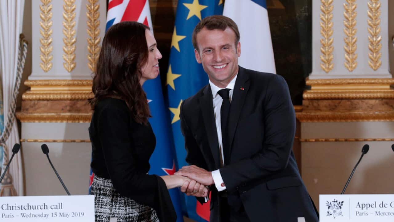 New Zealand Prime Minister Jacinda Ardern, left, and French President Emmanuel Macron (AAP)