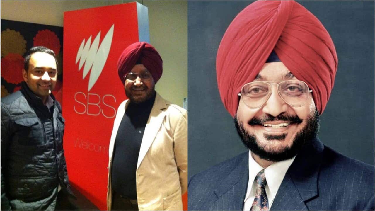 Punjabi poet and songwriter Gill Surjit with his son Gavin 'Lally' Gill at SBS Studios, Melbourne.