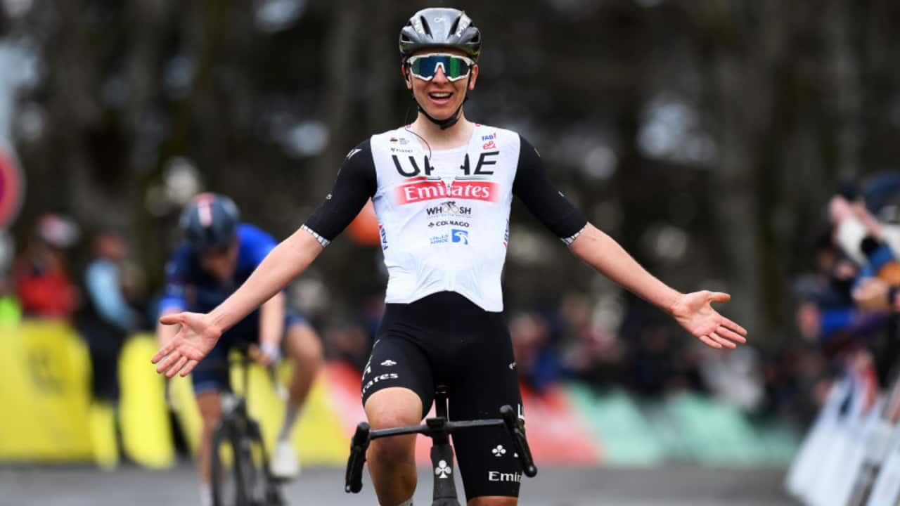 Tadej Pogačar celebrates his Stage 4 victory at Paris-Nice