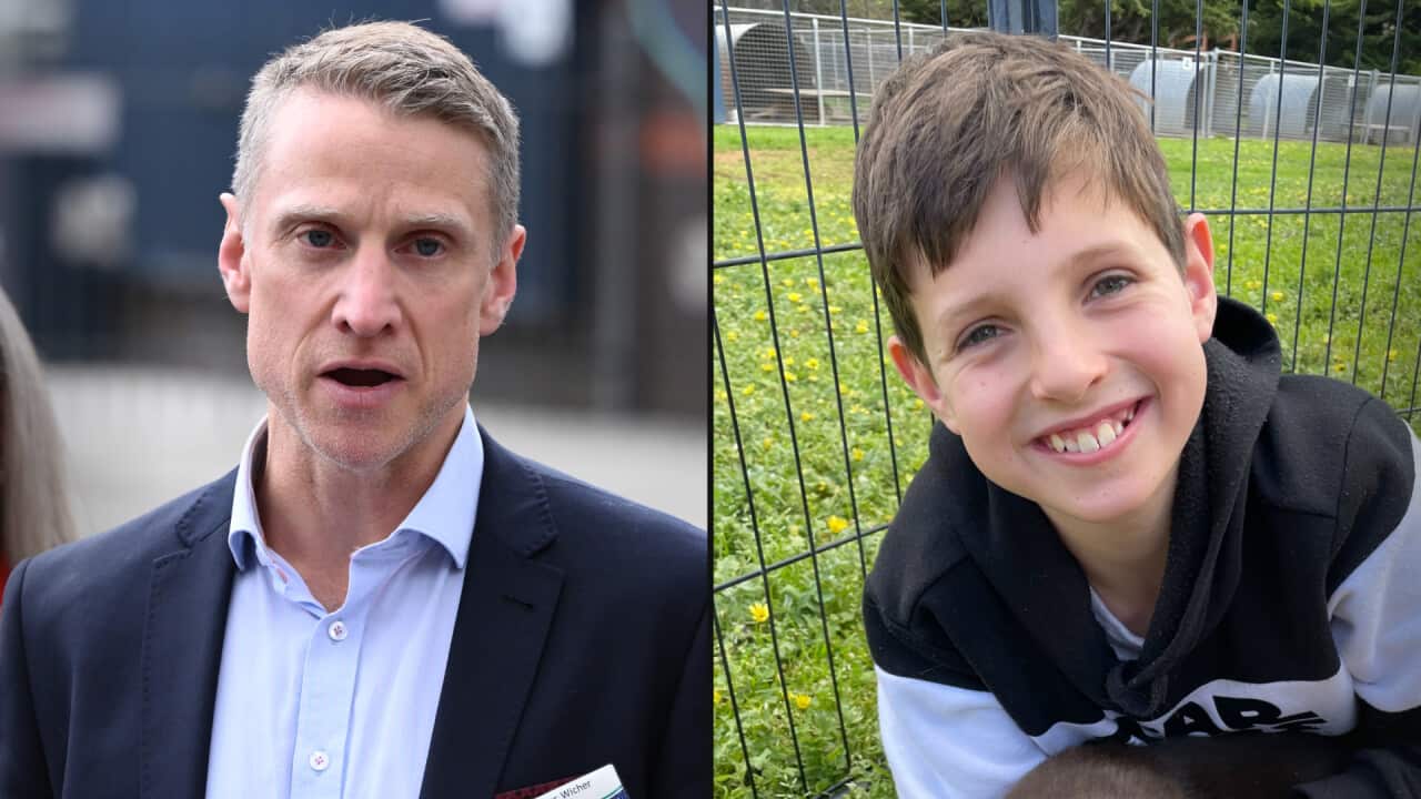 A split image. On the left is a man speaking. On the right is a boy holding a puppy.