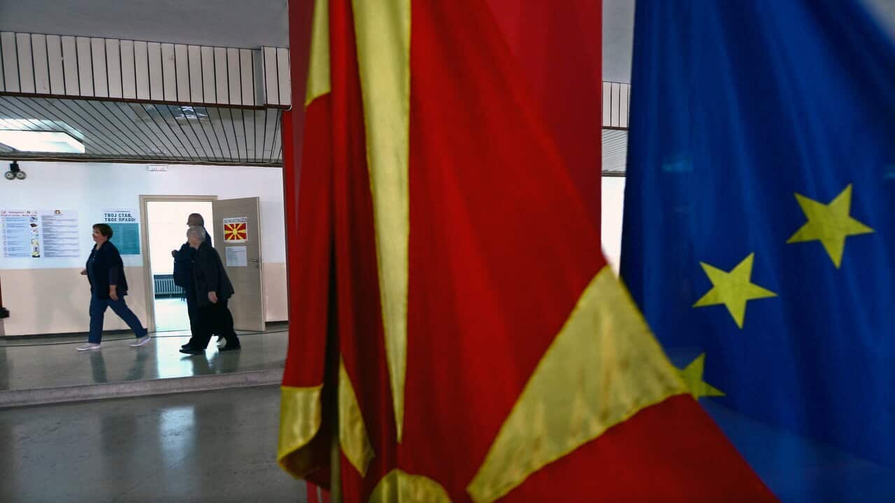 Citizens gather to vote in a referendum on the country's name change at a polling station in Skopje.