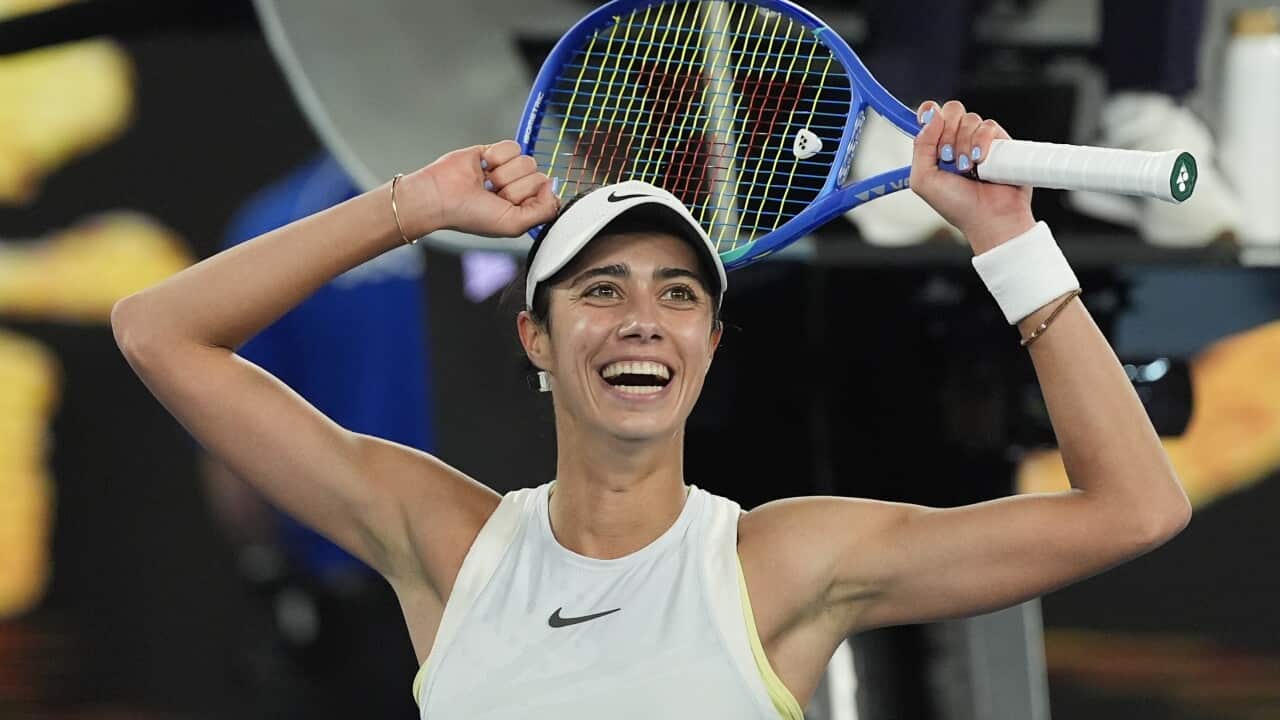 Olga Danilovic of Serbia celebrates after defeating Jessica Pegula of the U.S. in their third round match at the Australian Open tennis championship in Melbourne