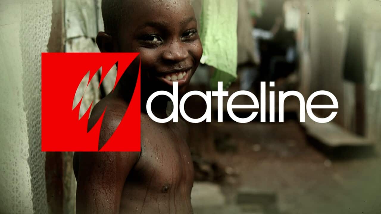 African boy smiling behind a Dateline graphic text