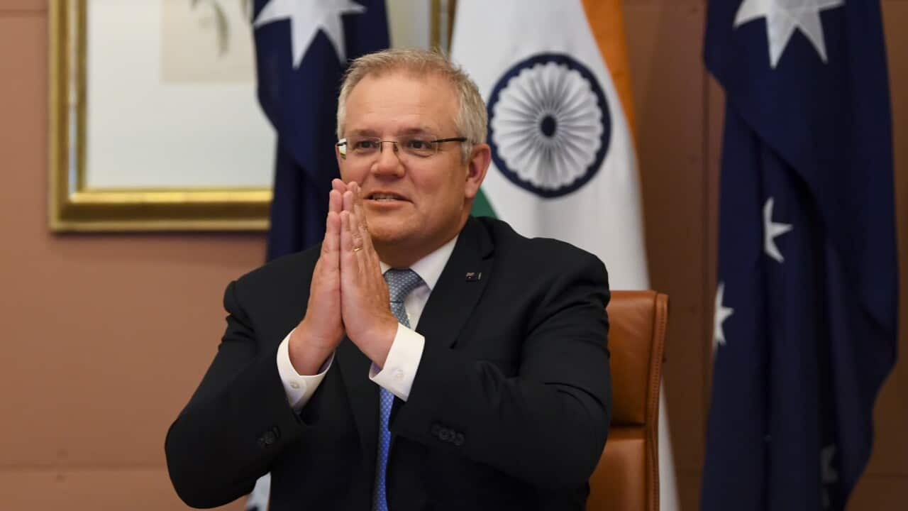 Australian Prime Minister Scott Morrison speaks to Indian Prime Minister Narendra Modi during the 2020 Virtual Leaders Summit between Australia and India at Parliament House in Canberra, Thursday, June 4, 2020. (AAP Image/Lukas Coch) NO ARCHIVING