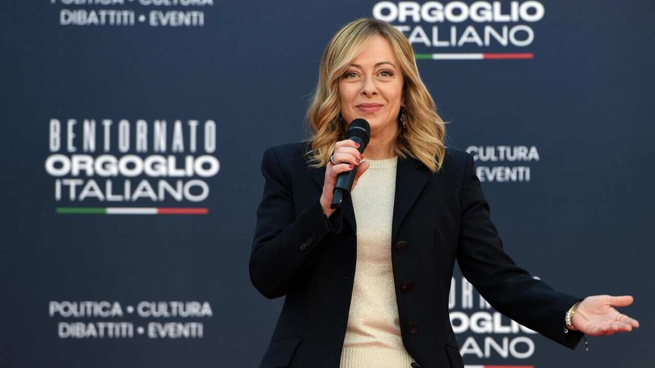 Italian Prime Minister Giorgia Meloni speaks during the last day of the Atreju 2023 political festival in the gardens of Castel Sant'Angelo in Rome, Italy, 17 December 2023.