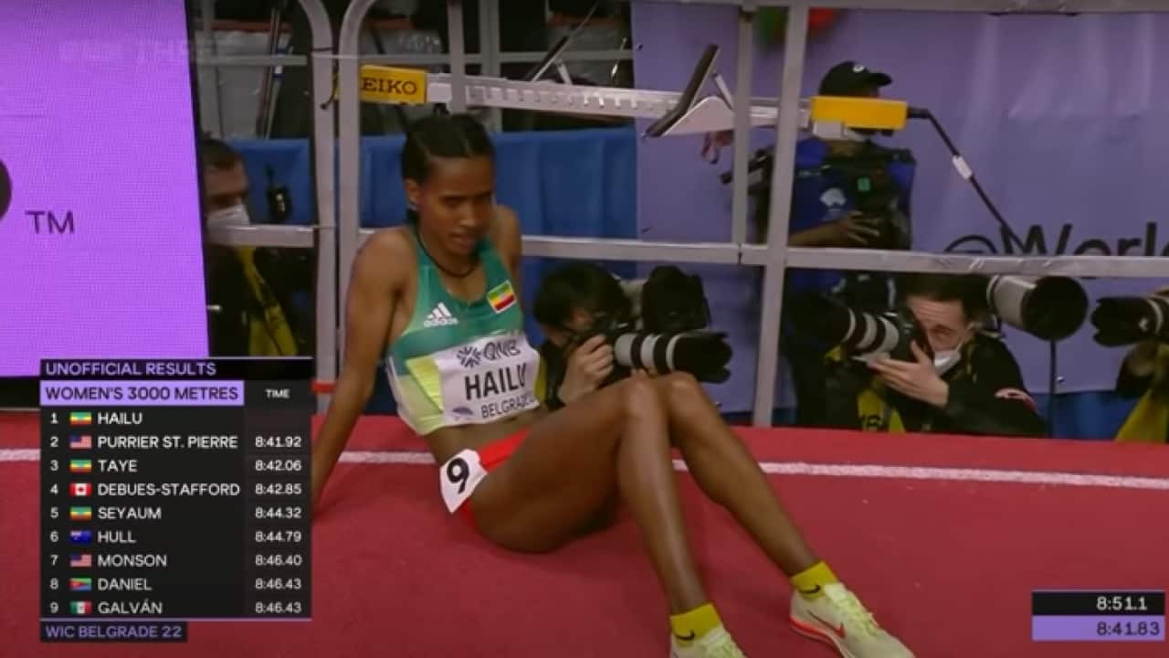 Lemlem Hailu of Ethiopia wins the 3000m at the world Indoor championships in Belgrade