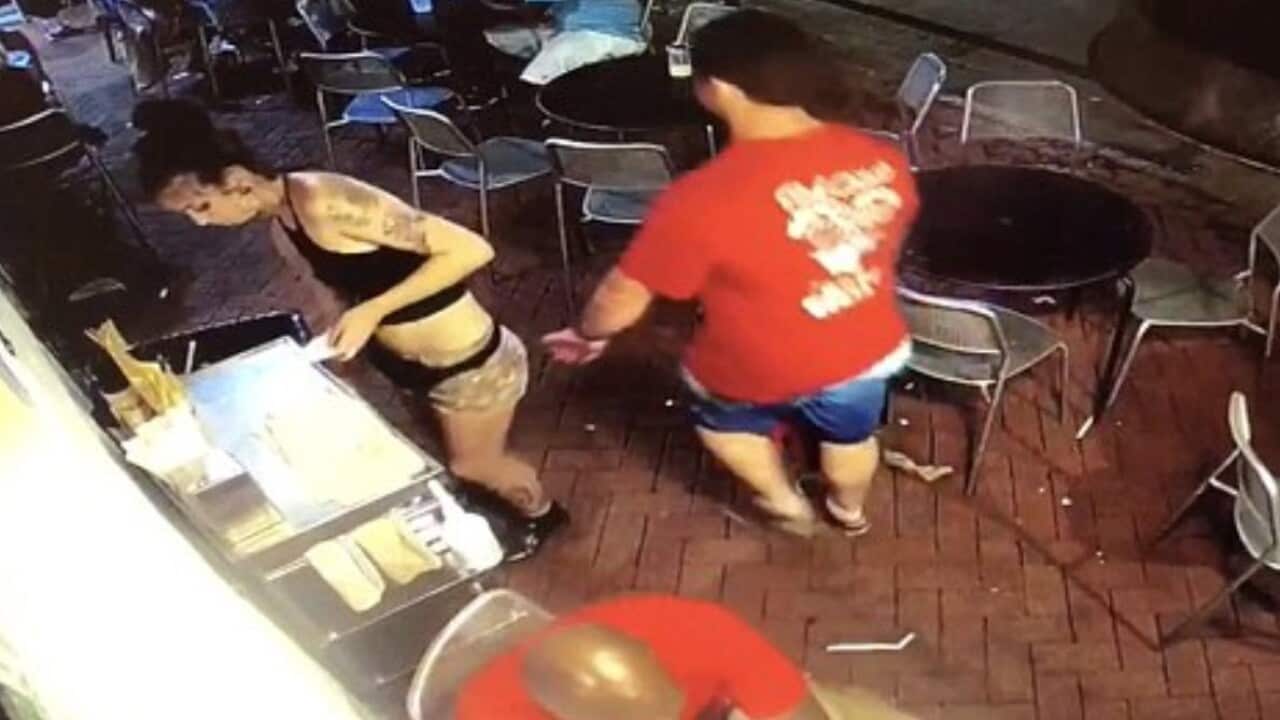 CCTV footage captured a waitress defending herself against a man who groped her in a US restaurant.