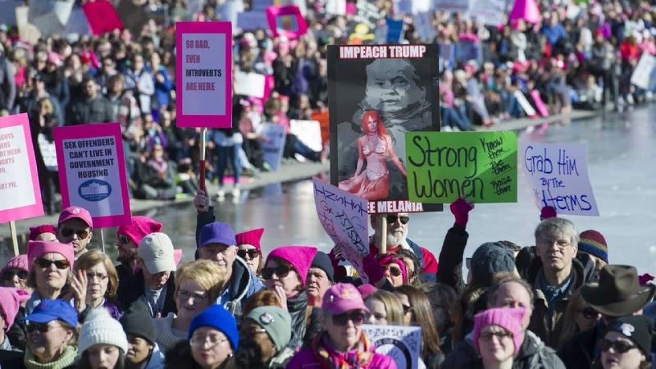 Women's March participants at the Lincoln Memorial in Washington.