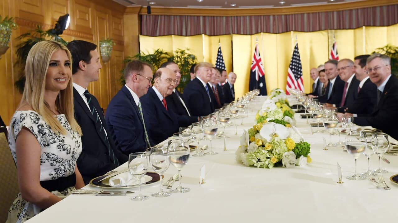 Ivanka Trump attend a dinner with her father President Donald Trump and Australian Prime Minister Scott Morrison in Osaka, Japan.
