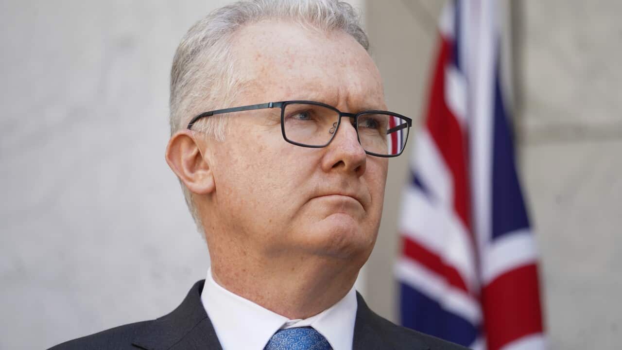 Home Affairs Minister Tony Burke at a press conference at Parliament House. An Australian flag on a pole is behind him.