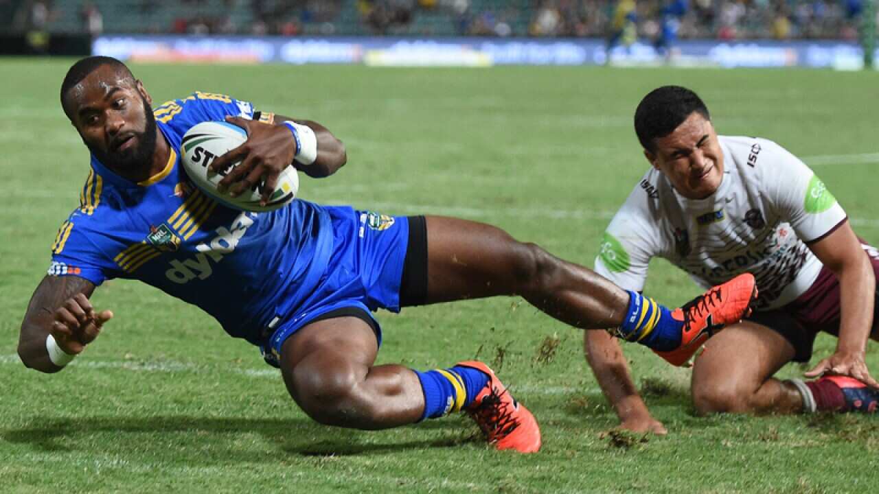 Parramatta's Semi Radradra scores a try