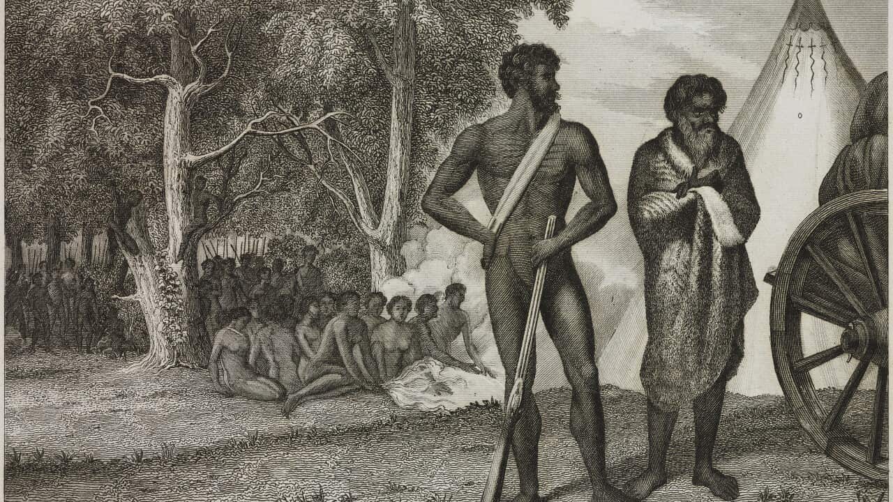 A nineteenth century engraving ot an aboriginal camp by Marmocchi