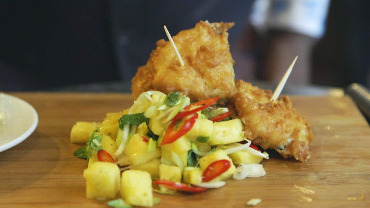 Salt cod fritters with pineapple salsa