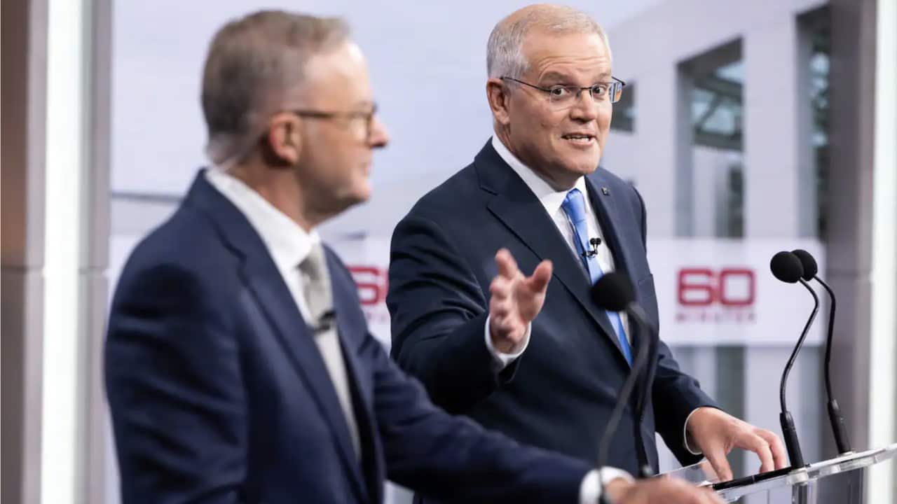 Prime Minister Scott Morrison (right) and Opposition Leader Anthony Albanese during the second leaders' debate ahead of the federal election at Nine Studios in Sydney.