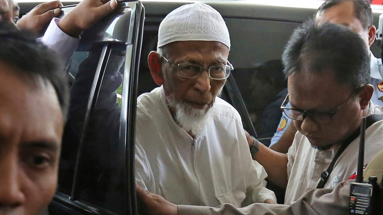 Ailing radical cleric Abu Bakar Bashir arrives for medical treatment at Cipto Mangunkusumo Hospital in Jakarta on 1/3/18.