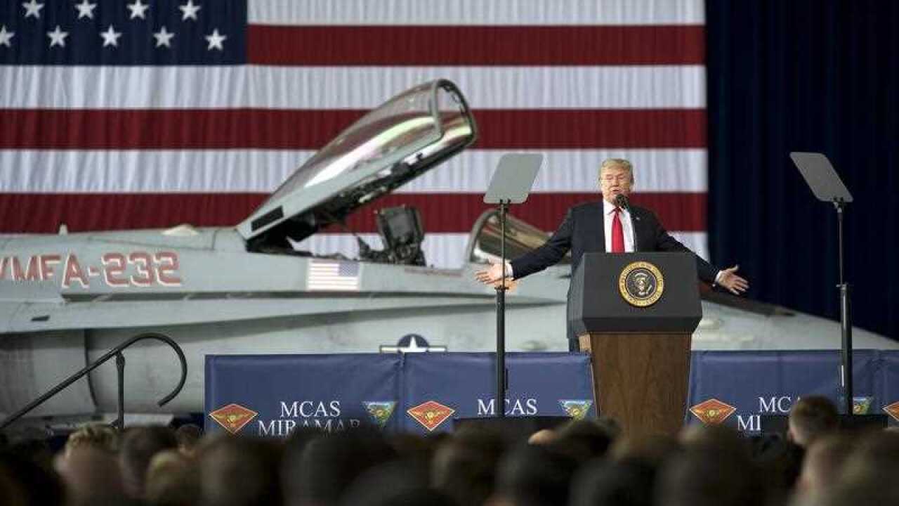 US President Donald J. Trump addresses members of the military at the Marine Corps Air Station Miramar in San Diego, California, USA, on 13 March 2018.