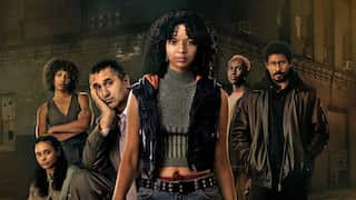 A composite image shows six people in front of a brick building. The young woman in the centre of the image stares ahead with a direct and confident gaze.