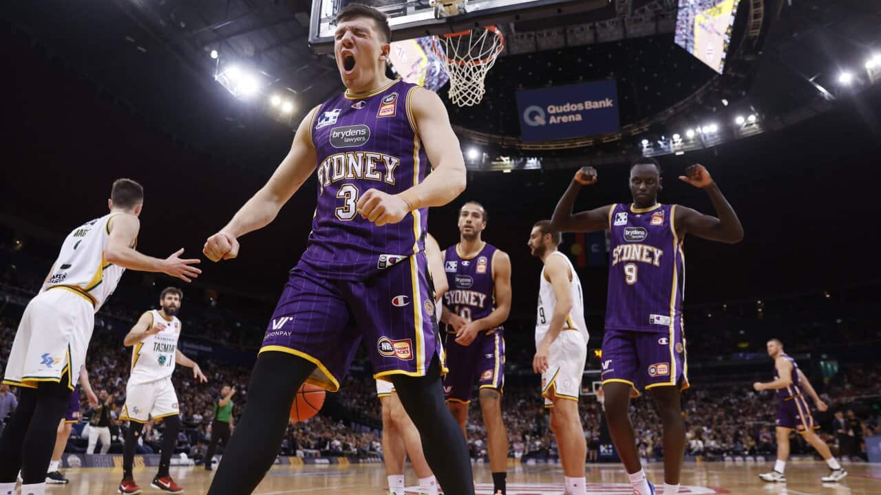 Dejan Vasiljevic of the Kings reacts during the NBL Grand Final Game 1 match between the Sydney Kings and the Tasmania JackJumpers at Qudos Bank Arena in Sydney, Friday, May 6, 2022. (AAP Image/Mark Evans) NO ARCHIVING, EDITORIAL USE ONLY