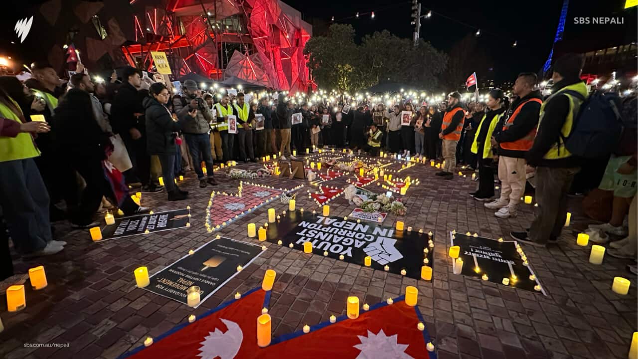 A vigil for protesters killed in Nepal was held at Federation Square in Melbourne on Tuesday, 9 September 2025.
