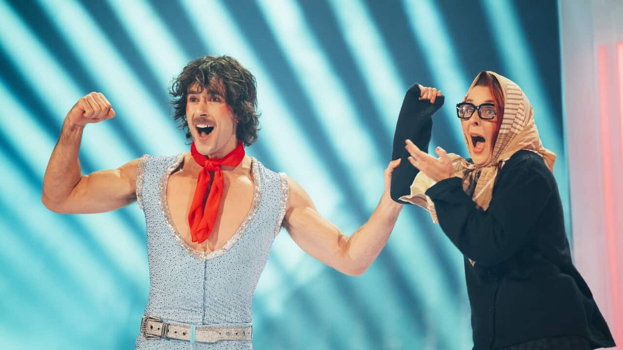 Australia | Go-Jo - Milkshake Man (Second Semi-Final). Go-Jo performing Milkshake Man for Australia at the Second Semi-Final in St. Jakobshalle with back up dancer Jeannine Bruderer.