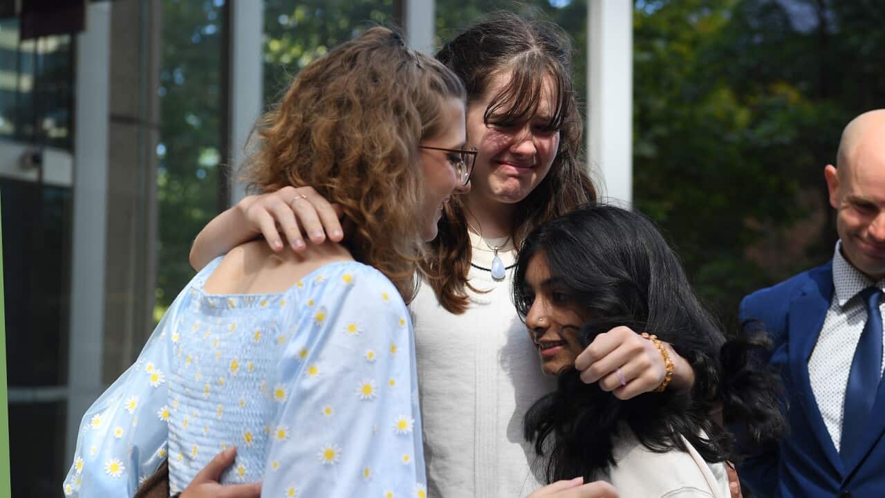 Ava Princi, Luca Saunders and Anjali Sharma outside the Federal Court in Sydney