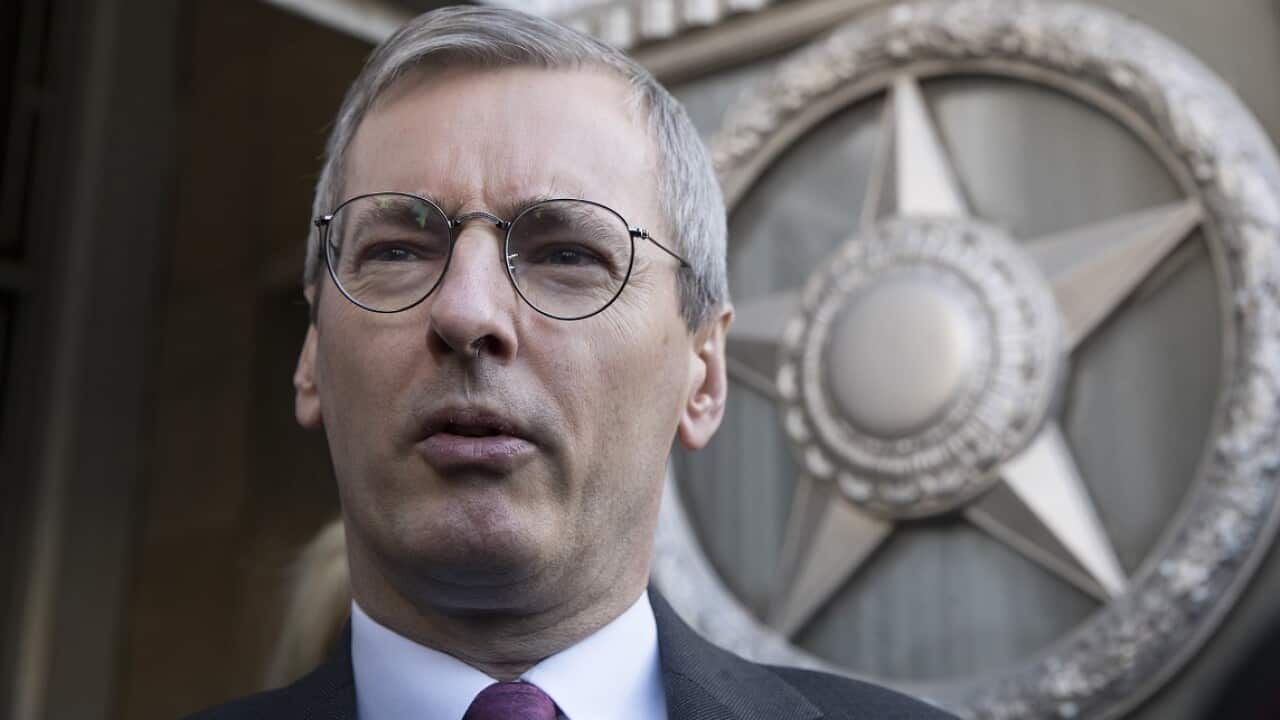 British ambassador to Russia, Laurie Bristow, after a a meeting at the Russian foreign ministry building in Moscow.